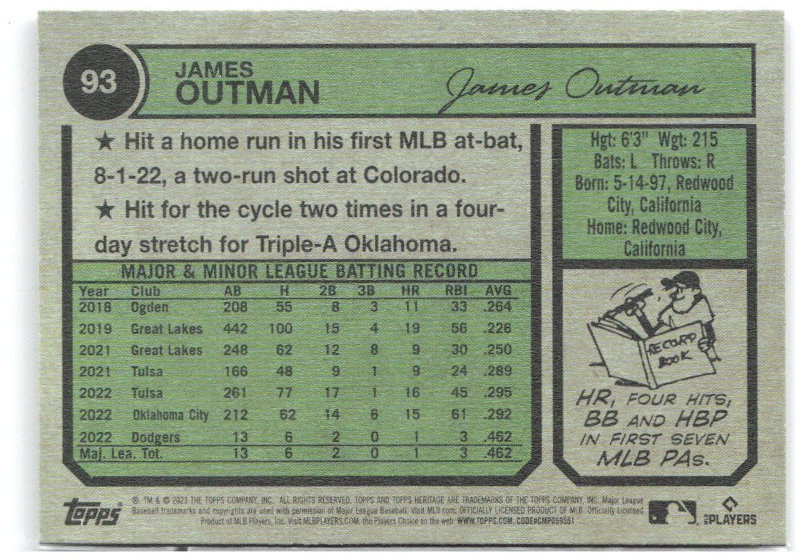 James Outman Topps Heritage Chrome Purple Refractor 93 2023 Los Angeles Dodgers