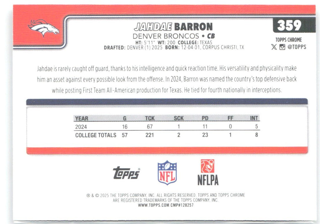 Jahdae Barron Topps Chrome 359 2025 Denver Broncos RC