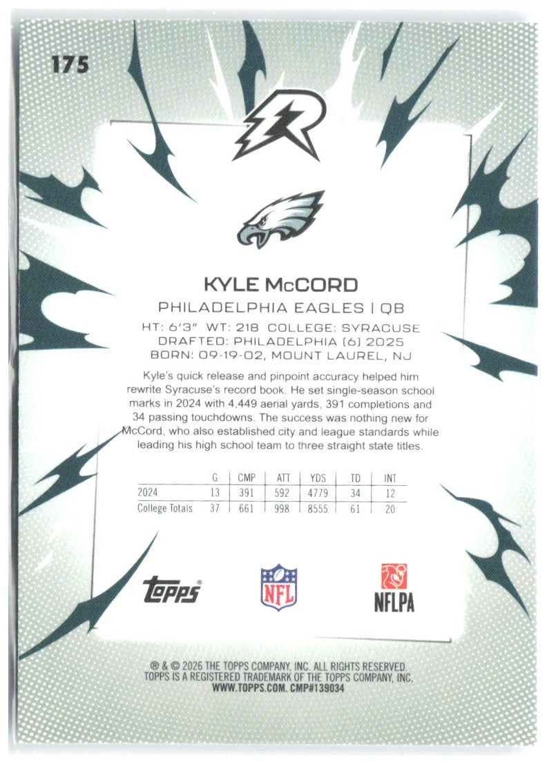 Kyle McCord Topps Resurgence 175 2025 Philadelphia Eagles RC