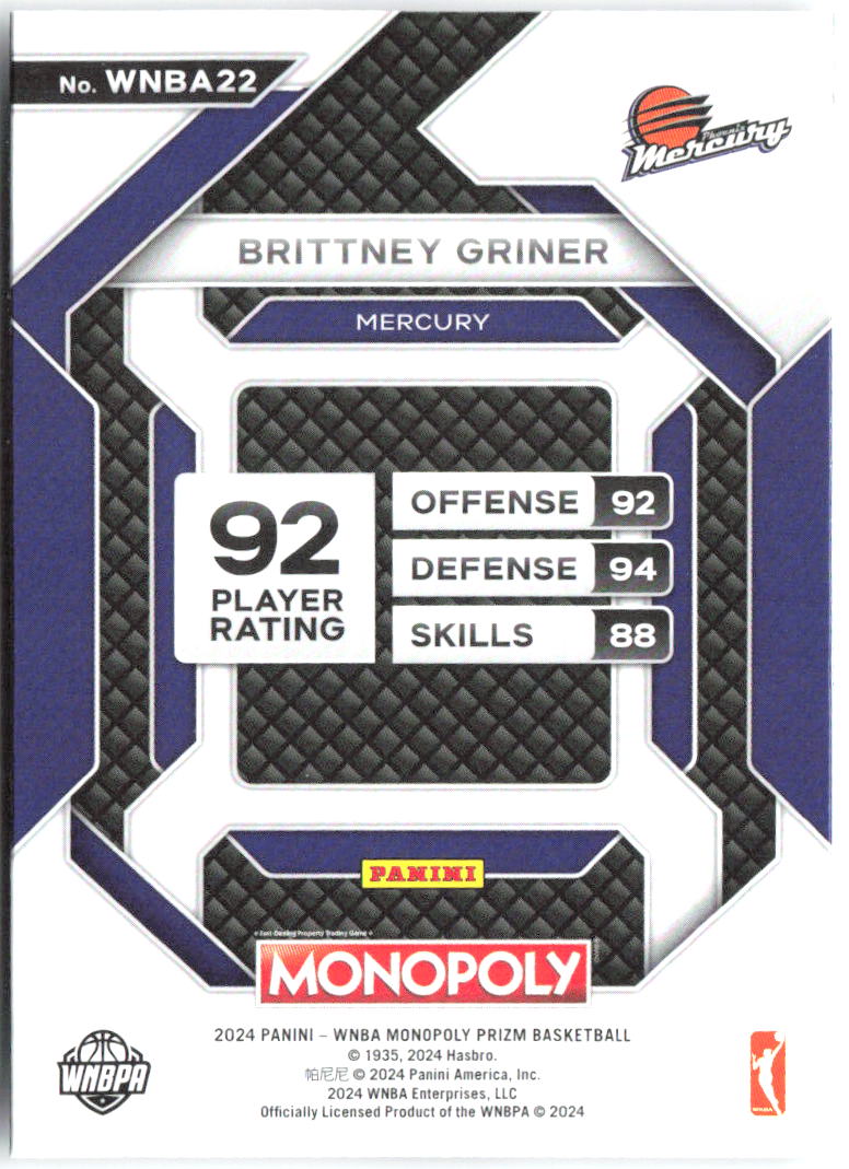Brittney Griner Panini Prizm Monopoly WNBA All-Star WNBA22 2024 Phoenix Mercury