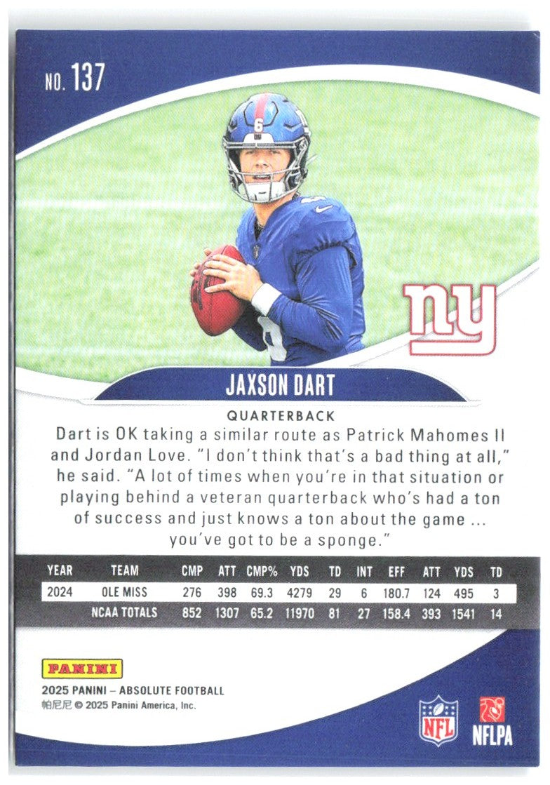 Jaxson Dart Panini Absolute - Retail 137 2025 New York Giants RC