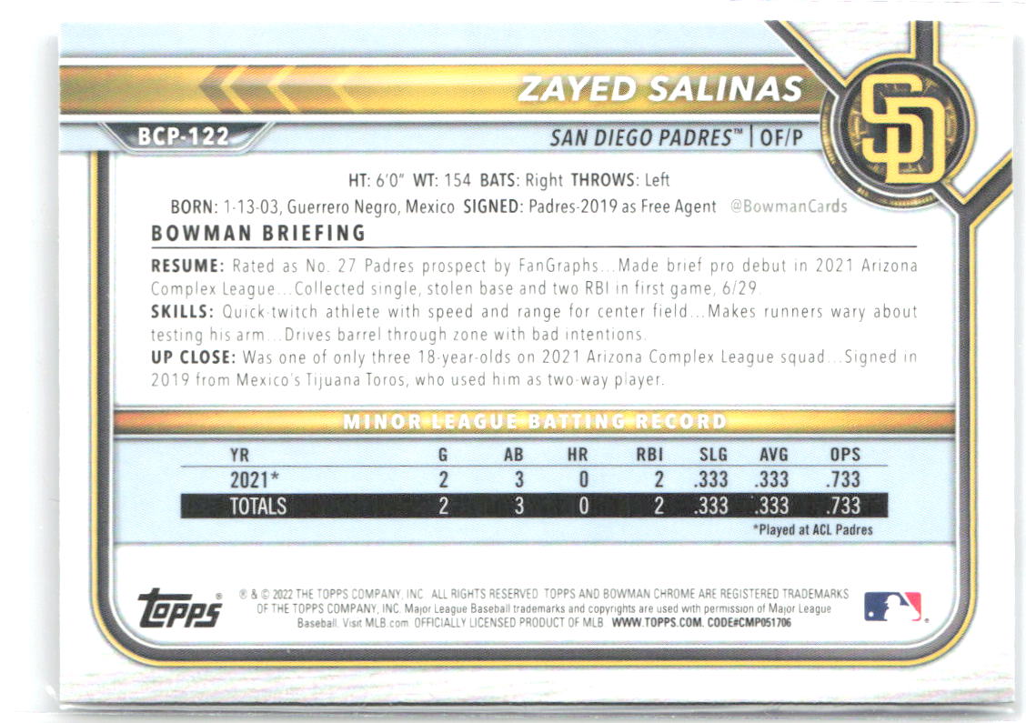 Zayed Salinas Bowman - Chrome Prospects BCP-122 2022 San Diego Padres