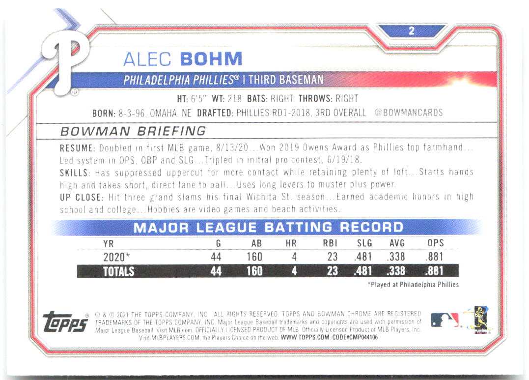 Alec Bohm Bowman 2 2021 Philadelphia Phillies RC