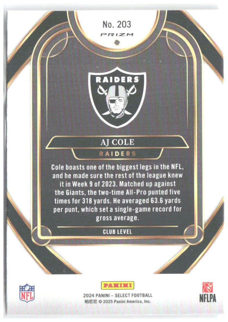 AJ Cole Panini Select - Red & Yellow Prizm Shock 203 2024 Las Vegas Raiders