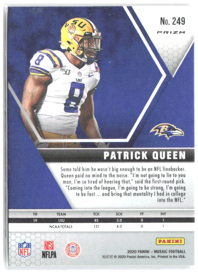 Patrick Queen Panini Mosaic - Prizm Camo Pink 249 2020 Baltimore Ravens
