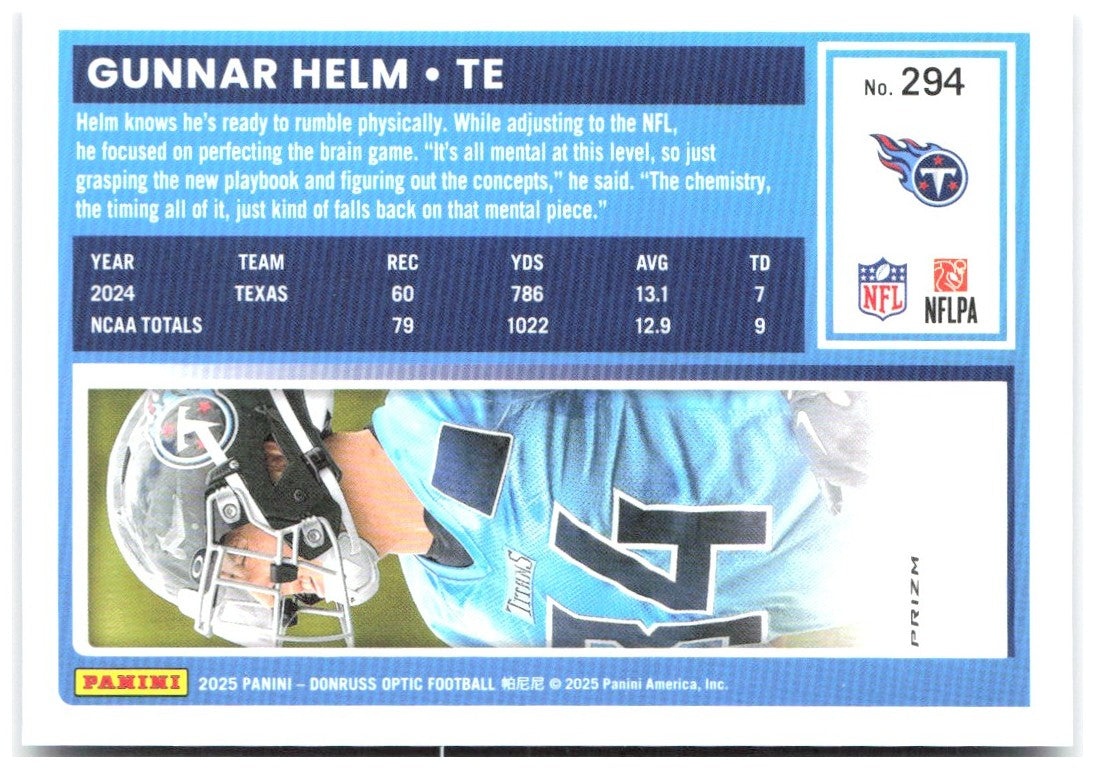 Gunnar Helm Donruss Optic - Purple Shock 294 2025 Tennessee Titans