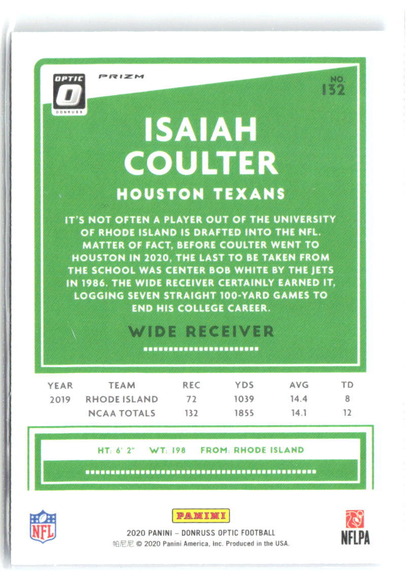 Isaiah Coulter Donruss Optic - Blue Hyper 132 2020 Houston Texans