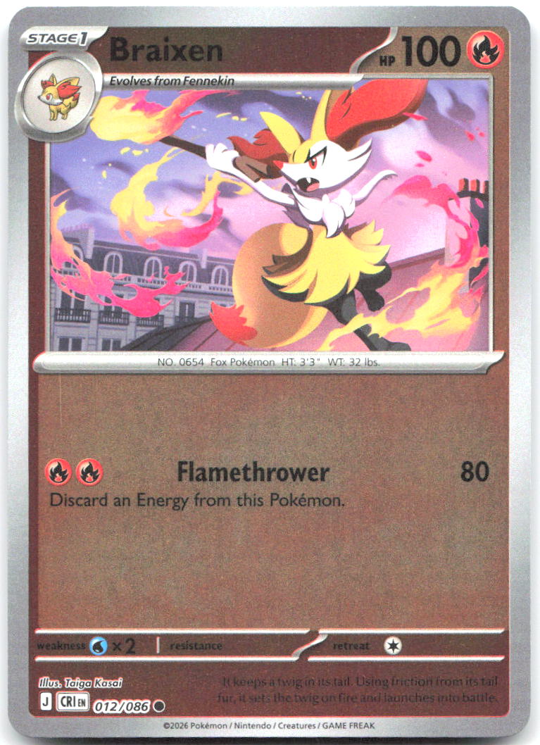 Braixen Reverse Holo Common ME04 Chaos Rising 012/086 NM Taiga Kasai