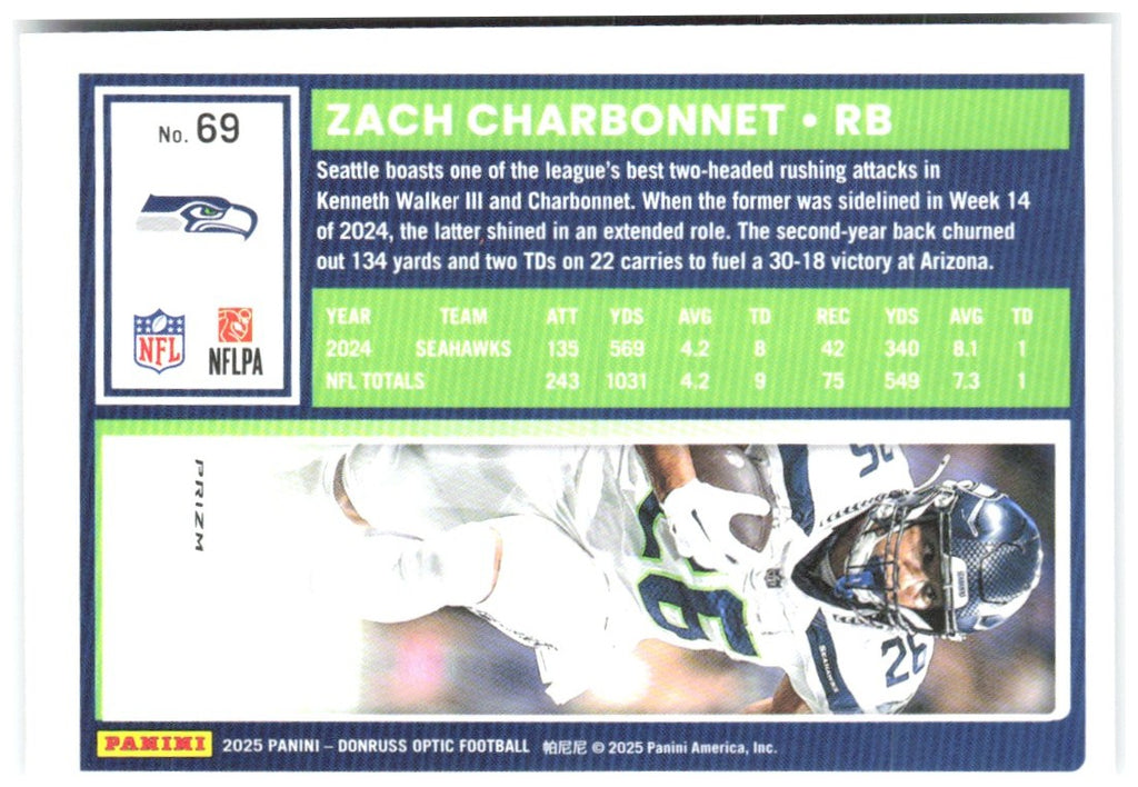 Zach Charbonnet Donruss Optic - Holo 69 2025 Seattle Seahawks