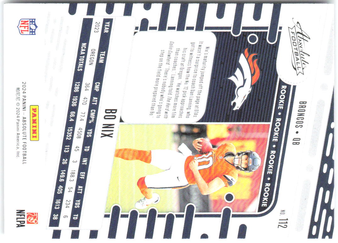 Bo Nix Panini Absolute - Black 112 2024 Denver Broncos