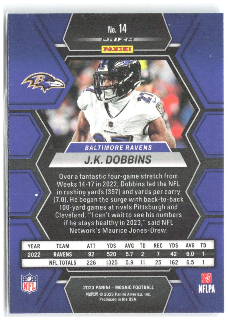 J.K. Dobbins Panini Mosaic - Reactive Blue Mosaic 14 2023 Baltimore Ravens