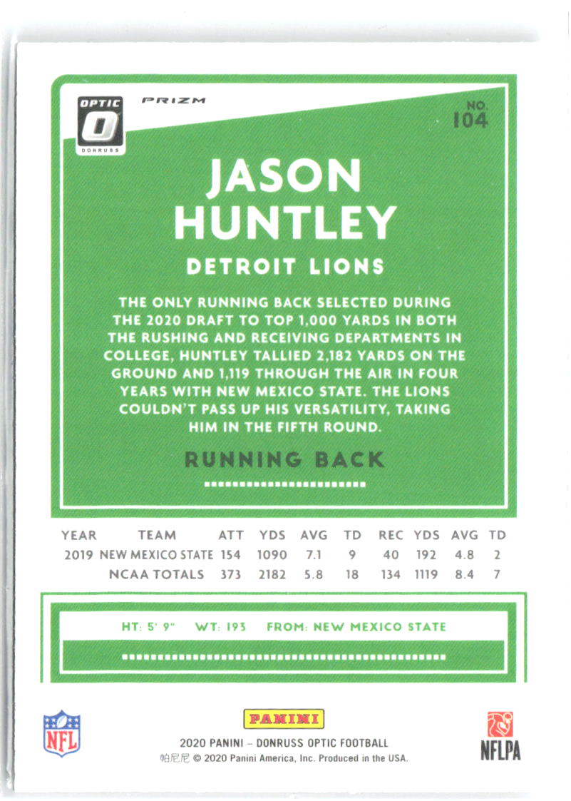 Jason Huntley Donruss Optic - Holo 104 2020 Detroit Lions