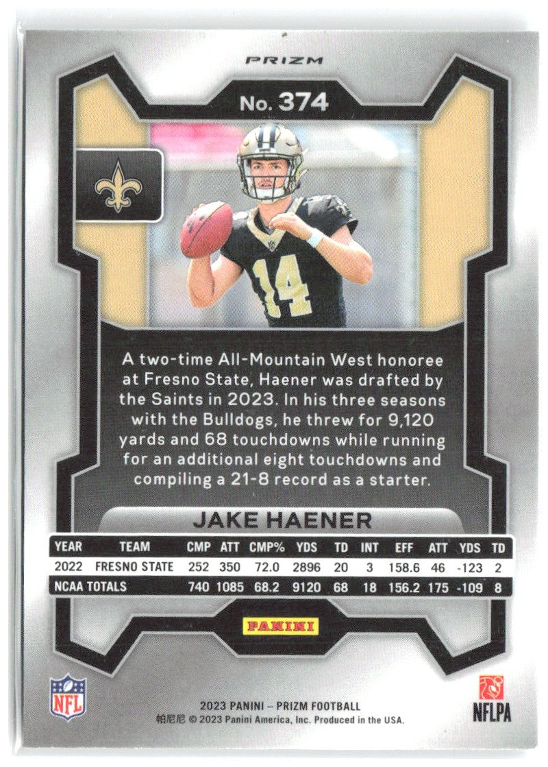 Jake Haener Panini Prizm - Silver 374 2023 New Orleans Saints
