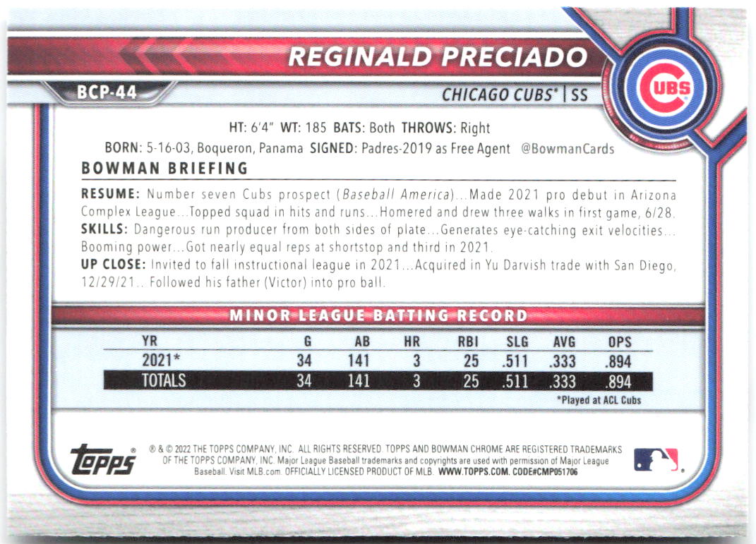 Reginald Preciado Bowman - Chrome Prospects BCP-44 2022 Chicago Cubs