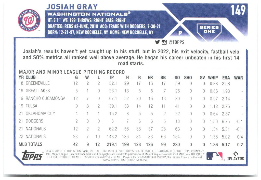 Josiah Gray Topps 149 2023 Washington Nationals