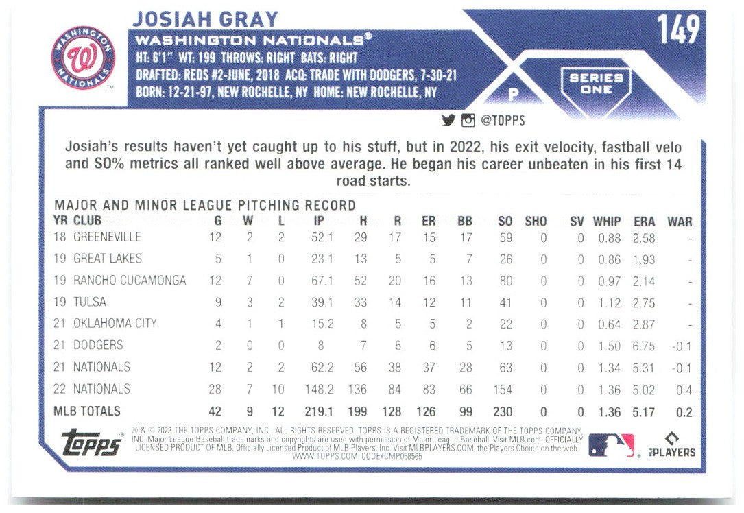 Josiah Gray Topps 149 2023 Washington Nationals