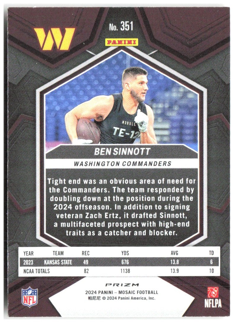 Ben Sinnott Panini Mosaic Mosaic Reactive Yellow 351 2024 Washington Commanders