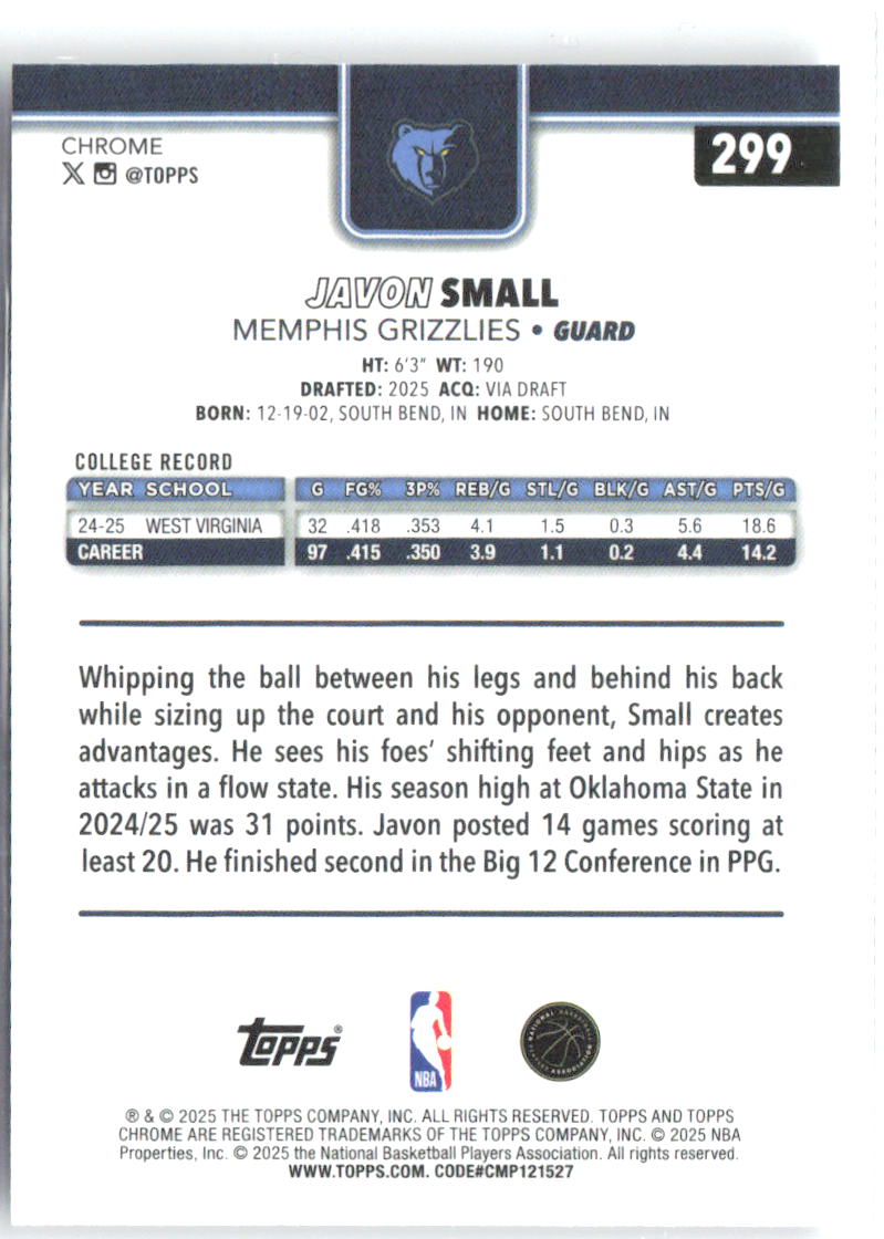 Javon Small Topps Chrome 299 2025-26 Memphis Grizzlies RC