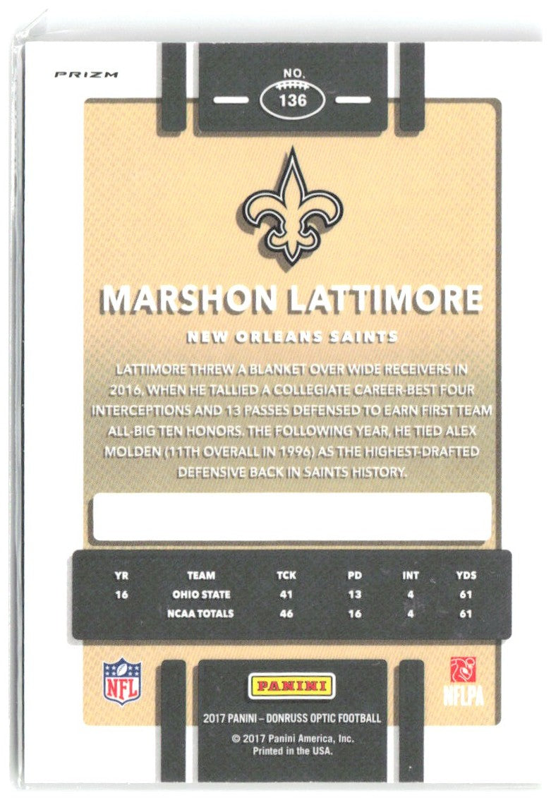 Marshon Lattimore Donruss Optic Red and Yellow Prizm 136 2017 New Orleans Saints