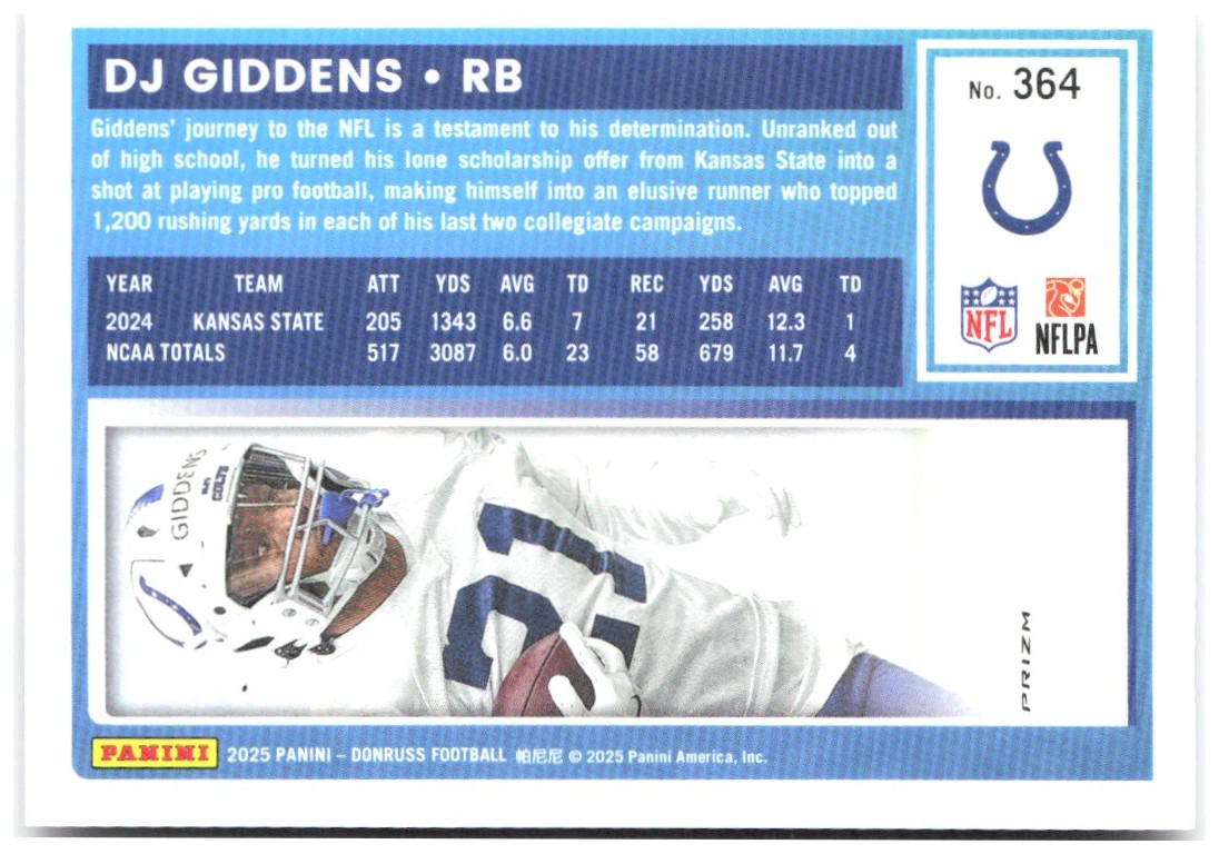 DJ Giddens Donruss Optic Rated Rookies Preview Pink 364 2025 Indianapolis Colts