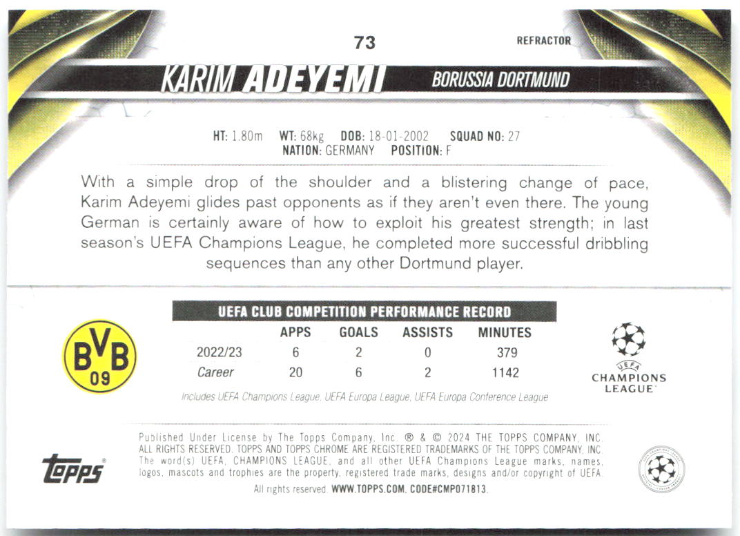 Karim Adeyemi Topps Chrome UEFA Club Competitions - Refractor 73 2023-24