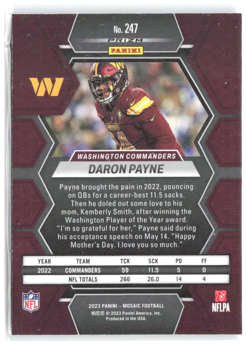 Daron Payne Panini Mosaic - Reactive Blue Mosaic 247 2023 Washington Commanders