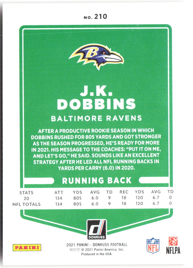 J.K. Dobbins Donruss - Press Proof Red 210 2021 Baltimore Ravens