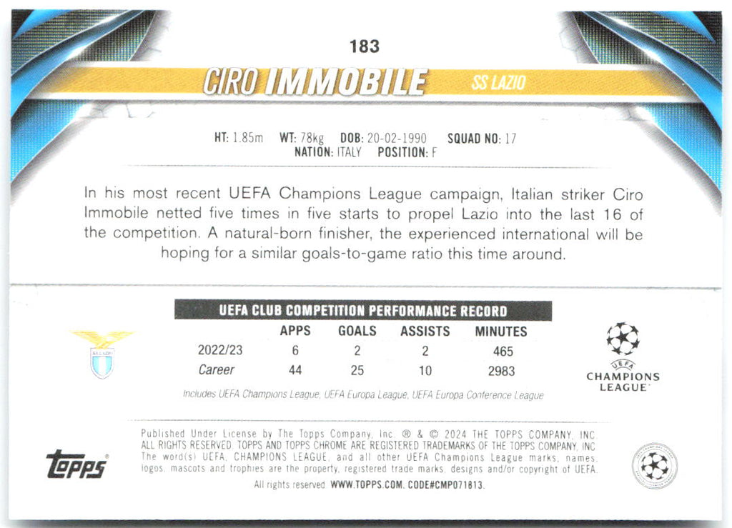 Ciro Immobile Topps Chrome UEFA Competitions - Aqua Prism Refractor 183 2023-24