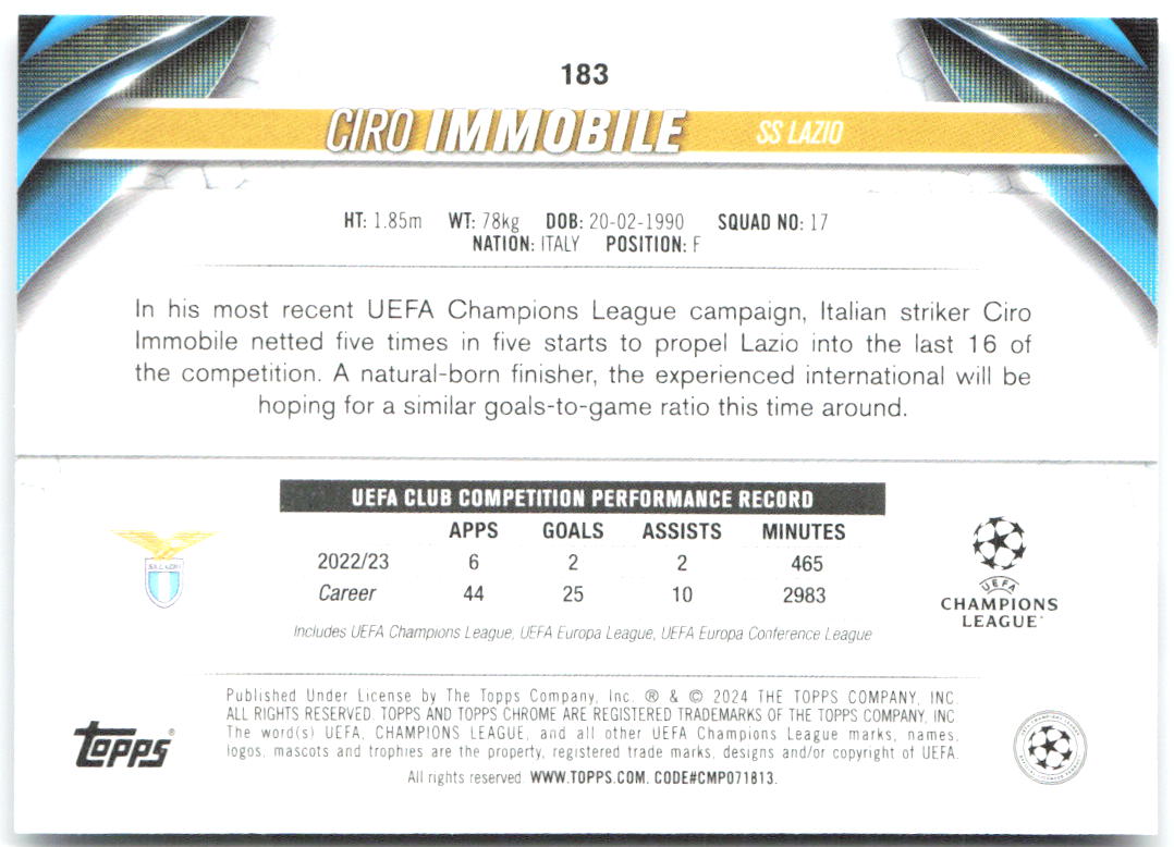 Ciro Immobile Topps Chrome UEFA Competitions - Aqua Prism Refractor 183 2023-24