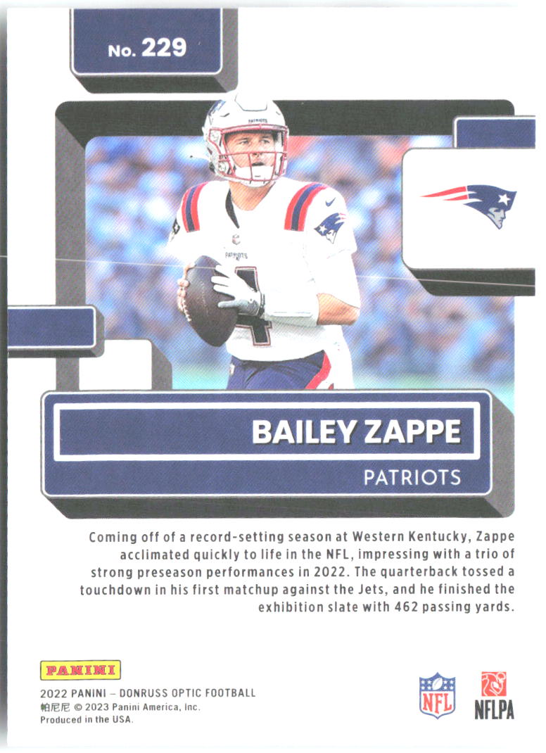 Bailey Zappe Donruss Optic 229 2022 New England Patriots RC