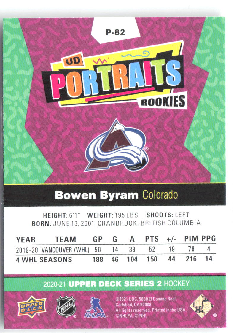 Bowen Byram Upper Deck - UD Portraits P-82 2020-21 Colorado Avalanche