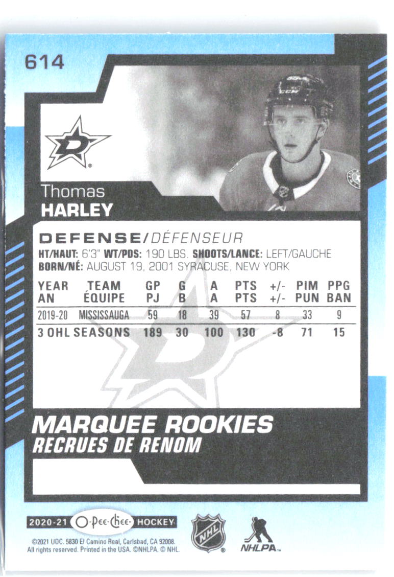 Thomas Harley Upper Deck O-Pee-Chee Update Blue 614 2020-21 Dallas Stars RC