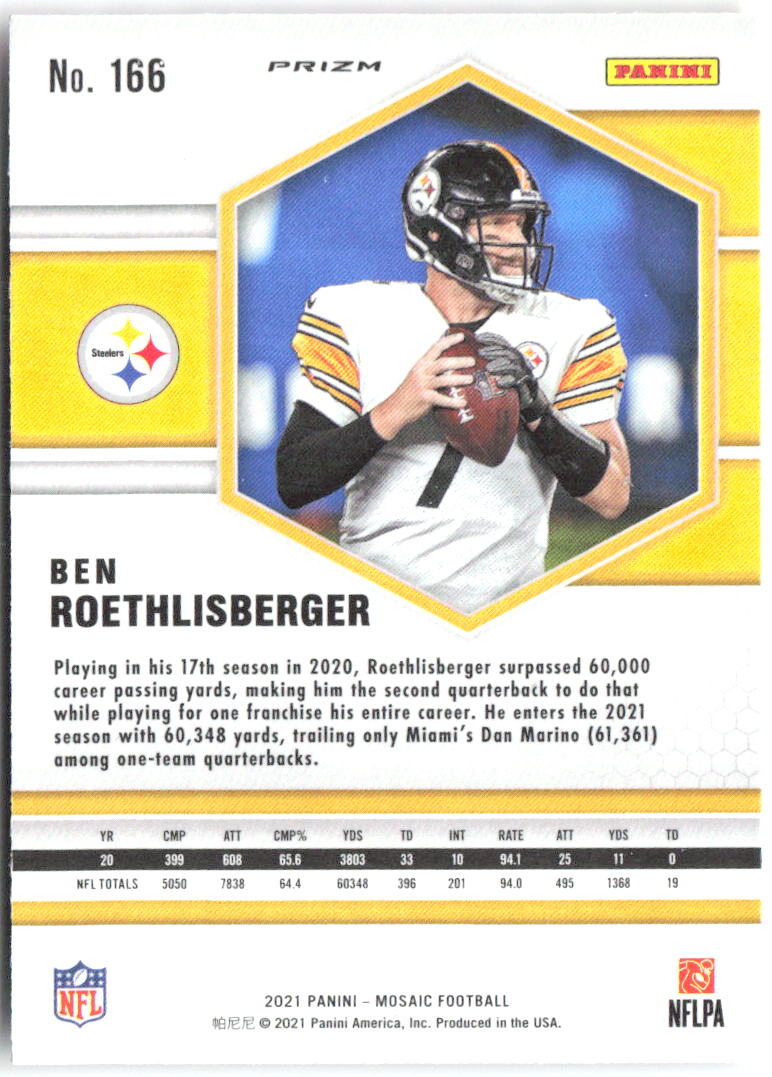 Ben Roethlisberger Panini Mosaic - Prizm Camo Pink 166 2021 Pittsburgh Steelers