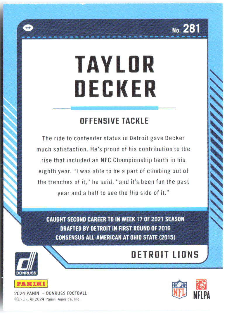 Taylor Decker Donruss 281 2024 Detroit Lions