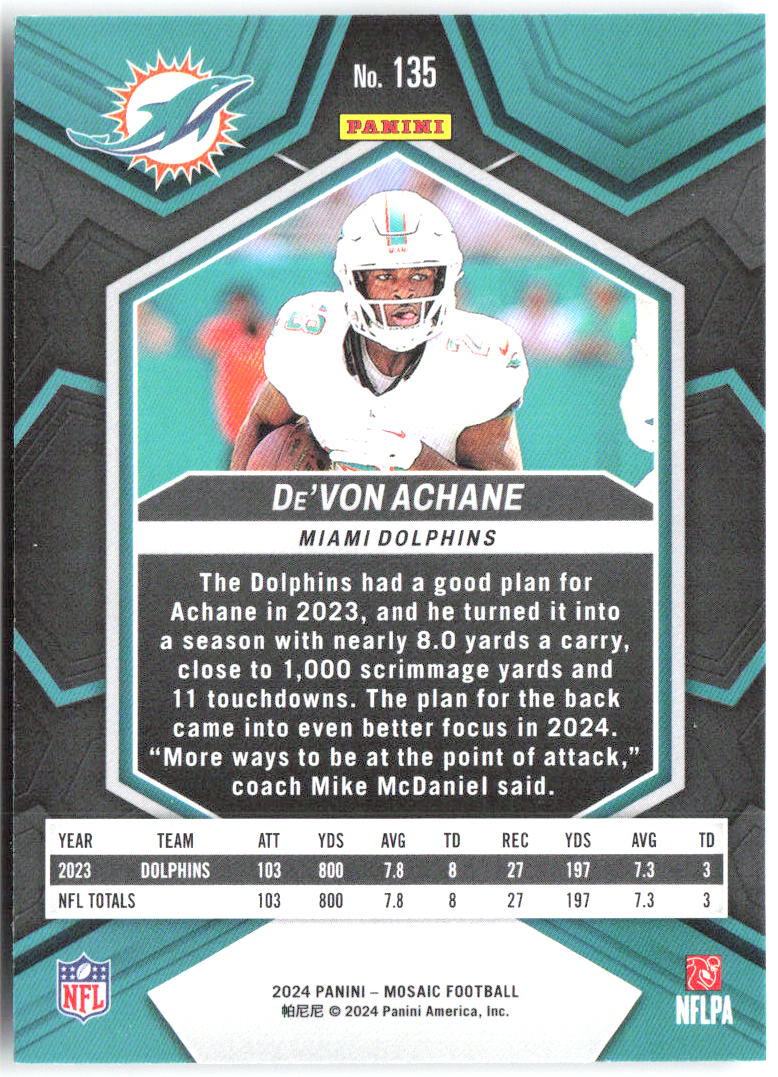 De'Von Achane Panini Mosaic 135 2024 Miami Dolphins