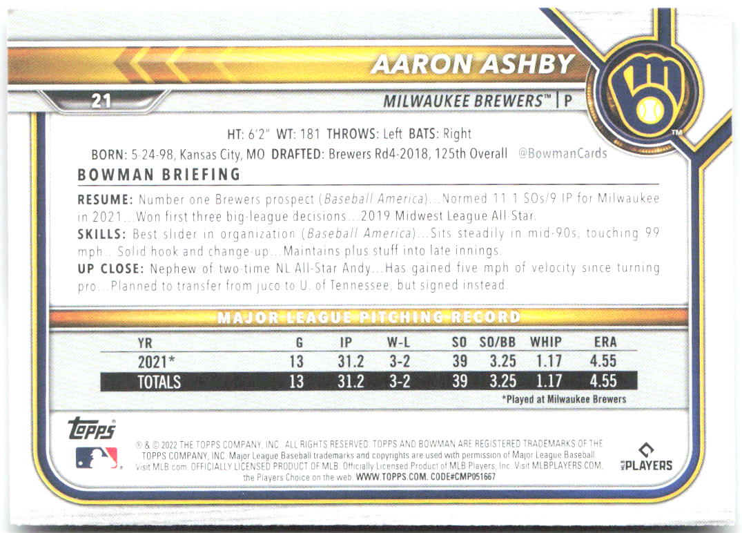 Aaron Ashby Bowman 21 2022 Milwaukee Brewers RC
