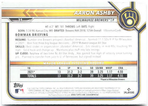 Aaron Ashby Bowman 21 2022 Milwaukee Brewers RC