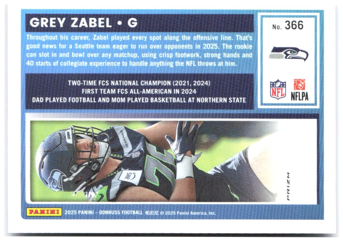Grey Zabel Donruss - Optic Rated Rookies Blue Scope 366 2025 Seattle Seahawks