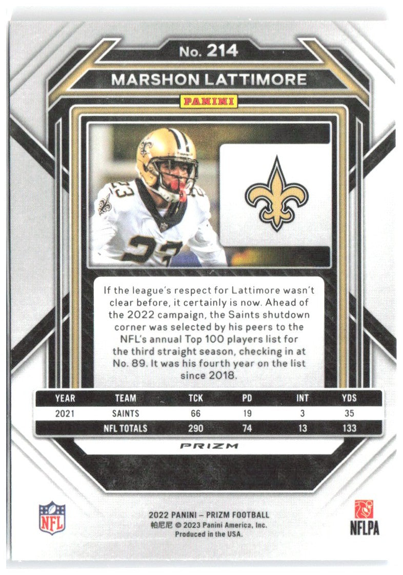Marshon Lattimore Panini Prizm - Red White and Blue 214 2022 New Orleans Saints
