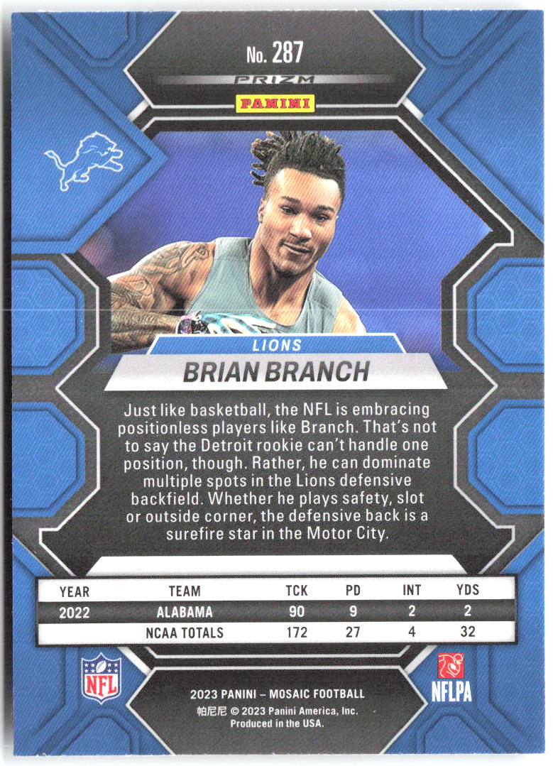 Brian Branch Panini Mosaic 287 2023 Detroit Lions RC