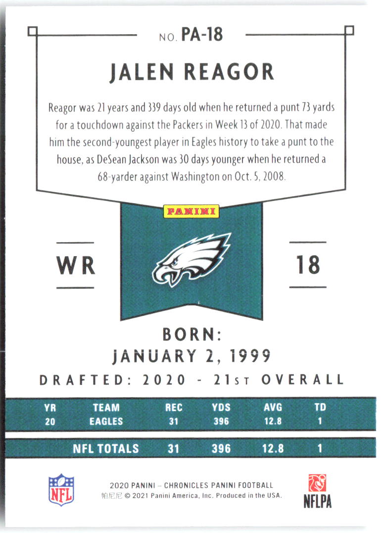 Jalen Reagor Panini Chronicles - Panini PA-18 2020 Philadelphia Eagles