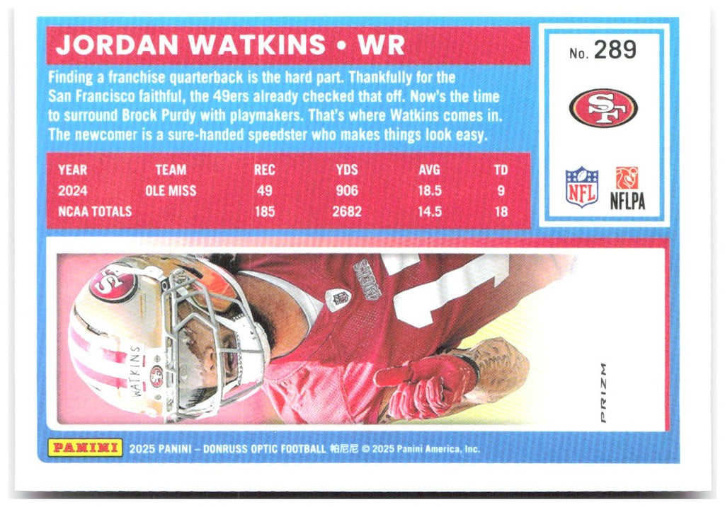 Jordan Watkins Donruss Optic - Pink 289 2025 San Francisco 49ers
