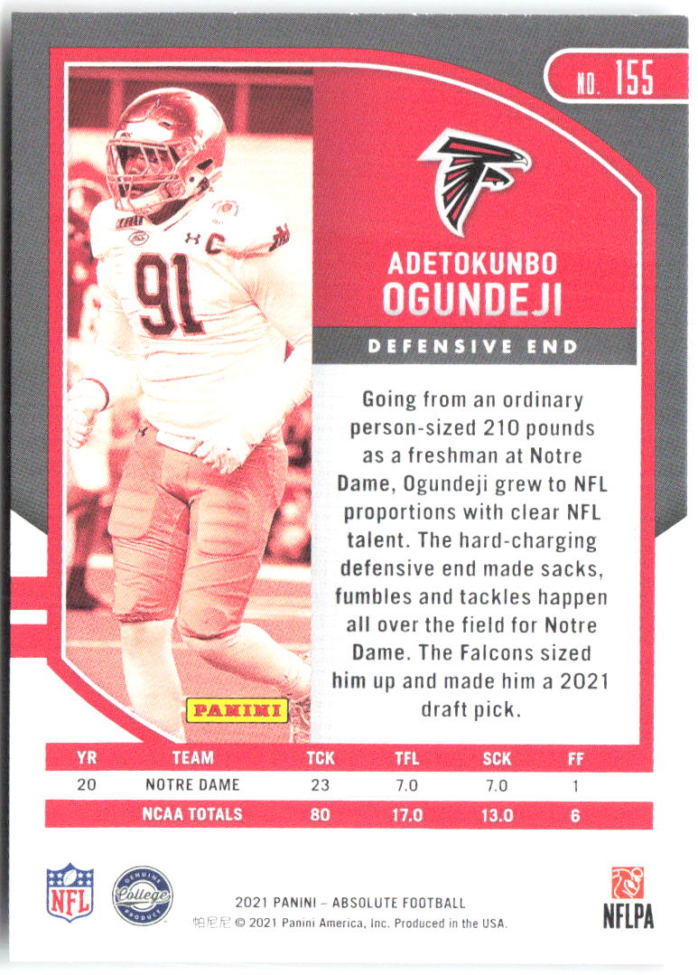 Adetokunbo Ogundeji Panini Absolute - Retail 155 2021 Atlanta Falcons RC