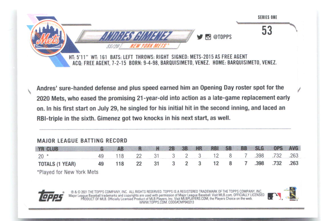 Andres Gimenez Topps 53 2021 New York Mets RC