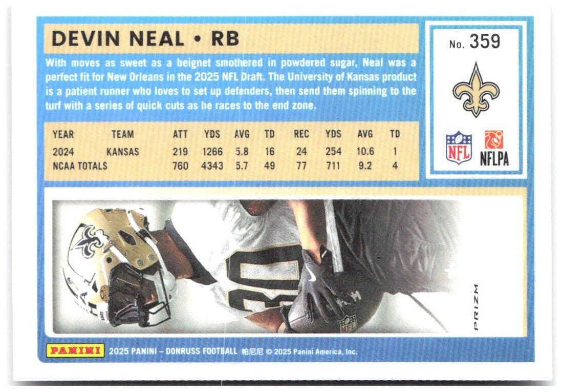Devin Neal Donruss Optic Rated Rookies Preview Pink 359 2025 New Orleans Saints