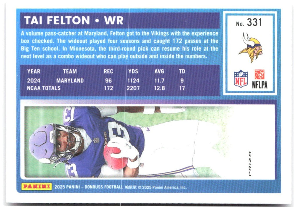 Tai Felton Donruss - Optic Rated Rookies Preview Pink 331 2025 Minnesota Vikings