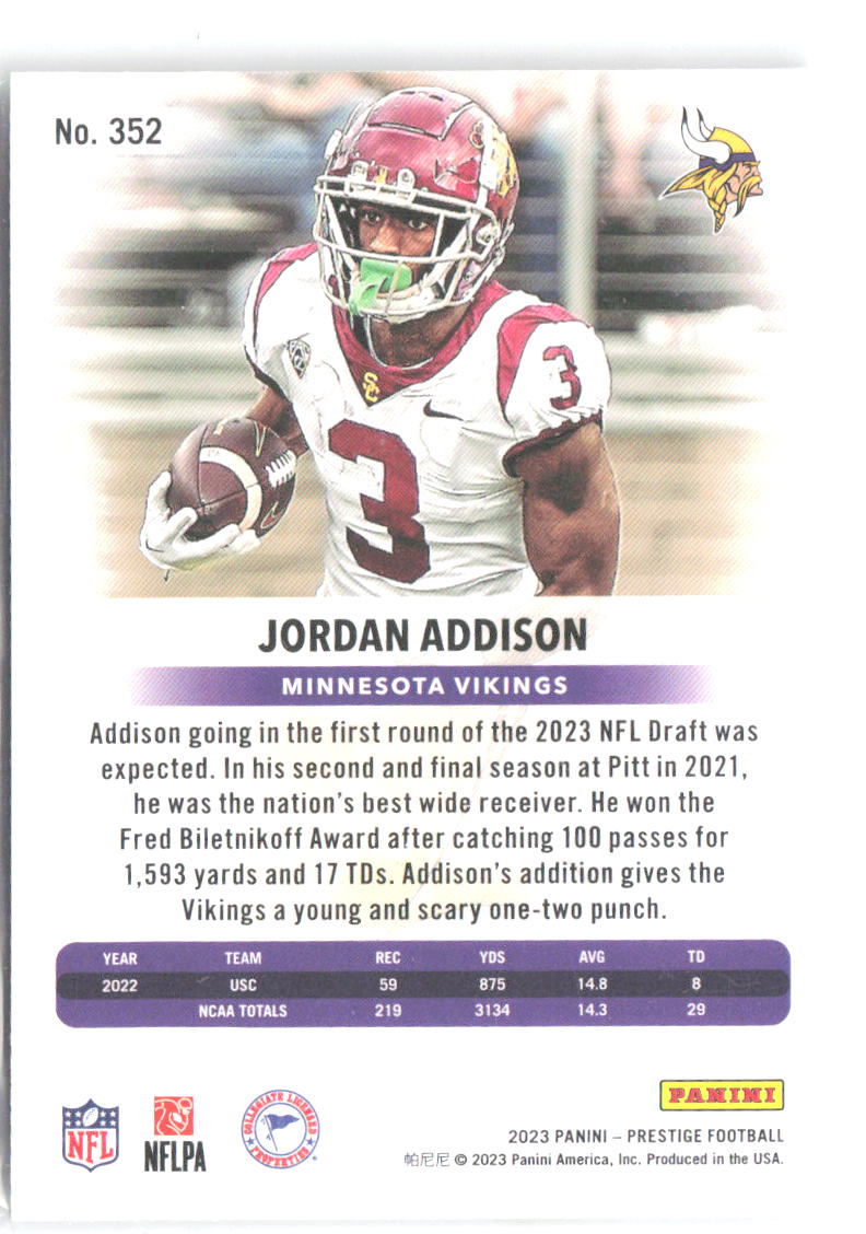 Jordan Addison Panini Prestige 352 2023 Minnesota Vikings RC