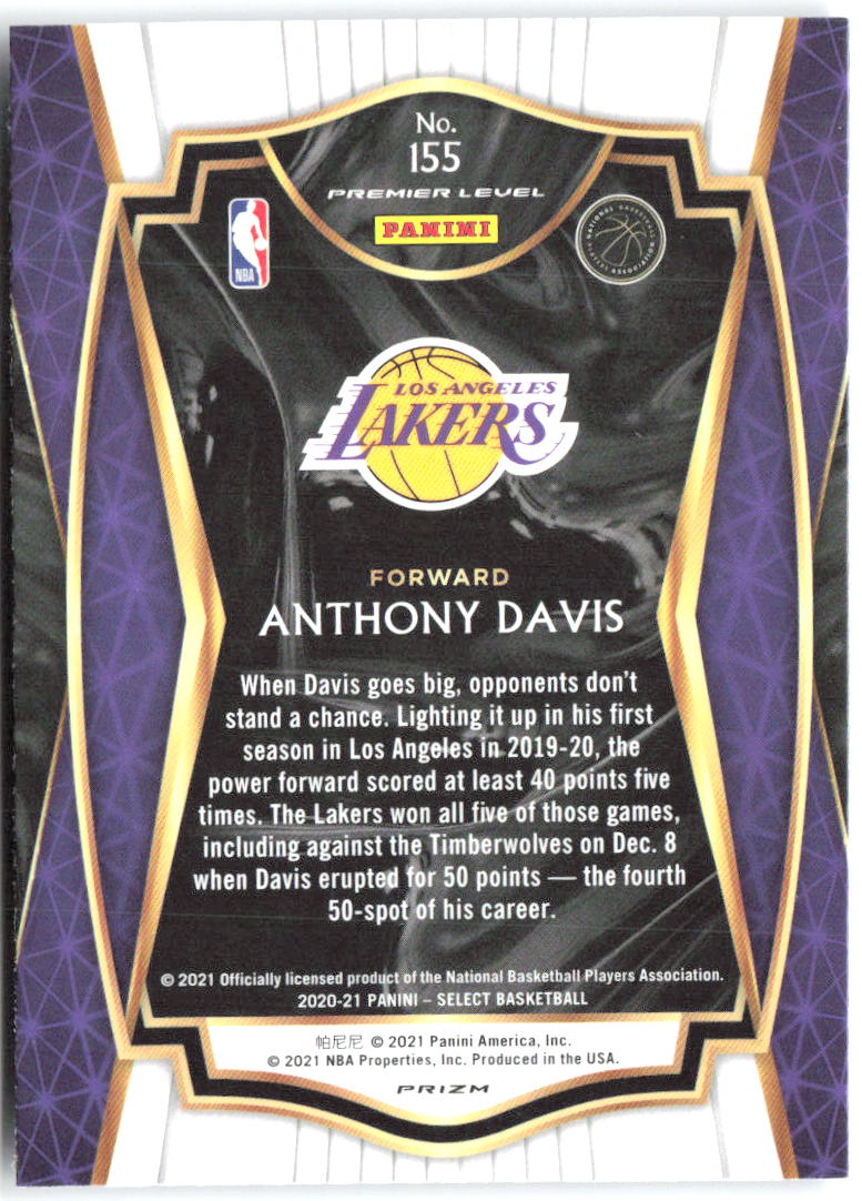 Anthony Davis Panini Select - Blue Prizms 155 2020-21 Los Angeles Lakers