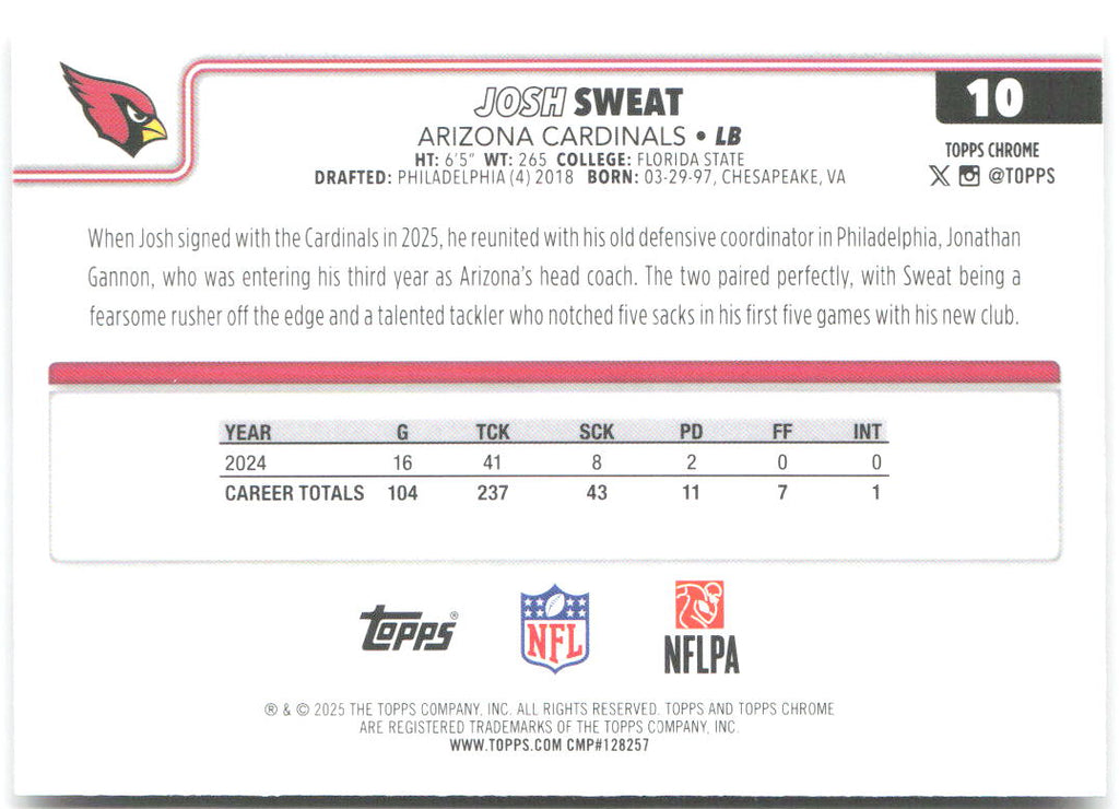 Josh Sweat Topps Chrome - Football Leather Refractor 10 2025 Arizona Cardinals