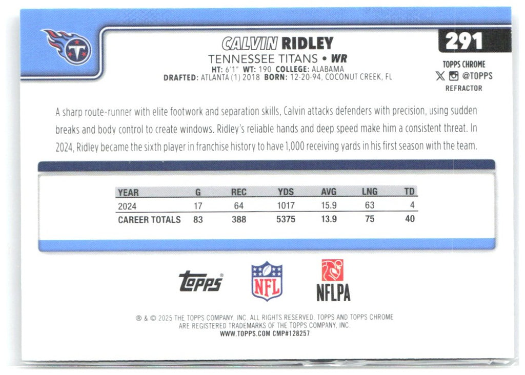 Calvin Ridley Topps Chrome - Prism Refractor 291 2025 Tennessee Titans